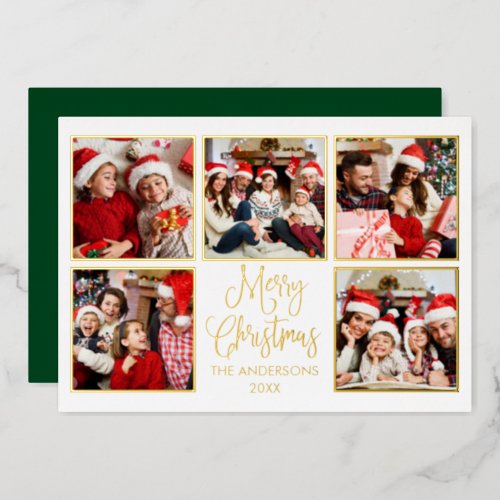 Modern Fun Calligraphy 5 Photo Green Gold Foil Holiday Card