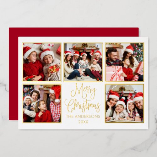 Modern Fun Calligraphy 5 Photo Red Gold Foil Holiday Card