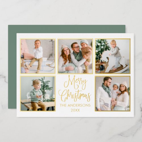 Modern Fun Calligraphy 5 Photo Sage Green Gold Foil Holiday Card