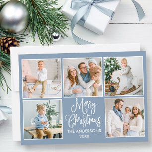 Modern Fun Calligraphy Blue 5 Photo Christmas Holiday Card