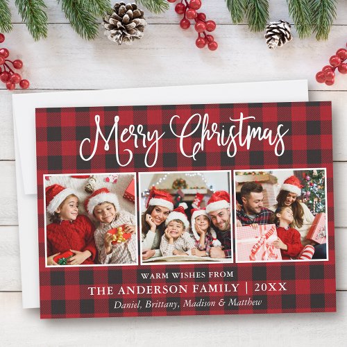 Modern Fun Calligraphy Christmas 3 Photo Plaid Holiday Card