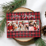 Modern Fun Calligraphy Christmas 3 Photo Plaid Postcard<br><div class="desc">Modern Fun Calligraphy Script Merry Christmas 3 Photo Holiday Postcard - Red Plaid</div>
