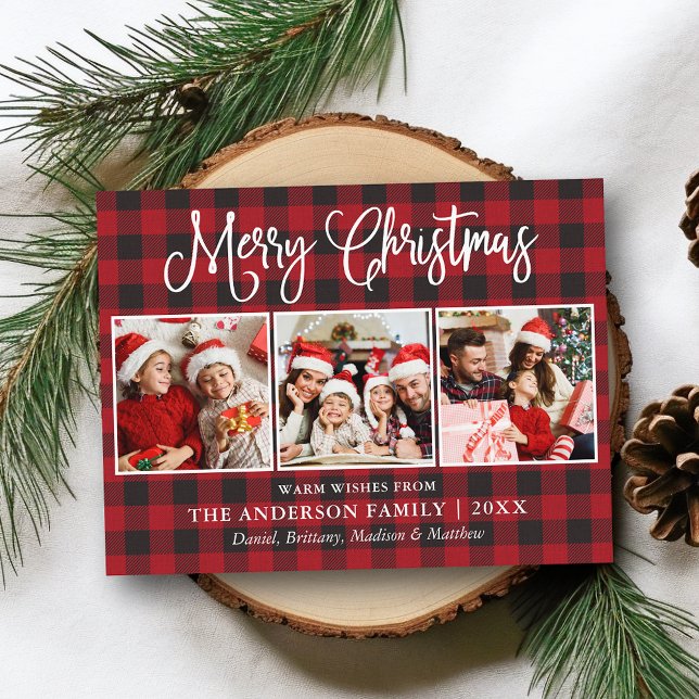 Modern Fun Calligraphy Christmas 3 Photo Plaid Postcard (Customize to change your personalized text size or text style.)