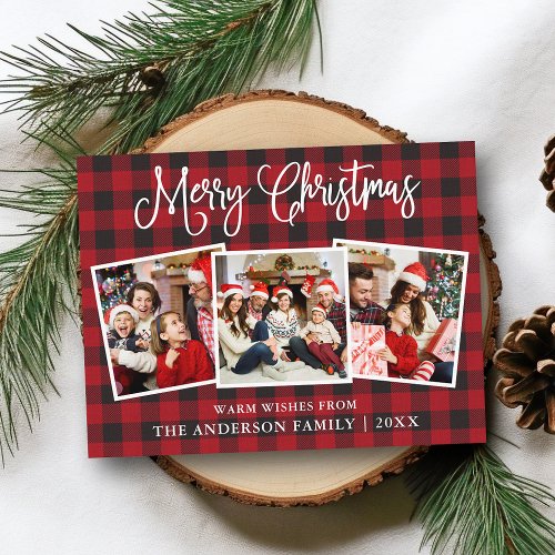 Modern Fun Calligraphy Christmas 3 Photos Plaid Postcard