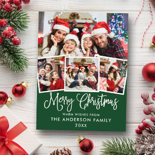 Modern Fun Calligraphy Christmas 4 Photo Green Postcard