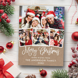 Modern Fun Calligraphy Christmas 4 Photo Kraft Postcard