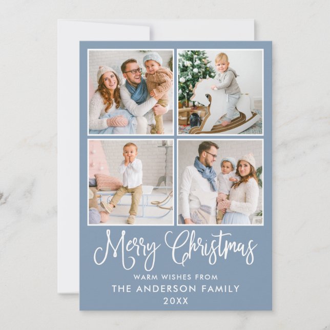 Modern Fun Calligraphy Christmas 4 Photos Blue Holiday Card (Front)