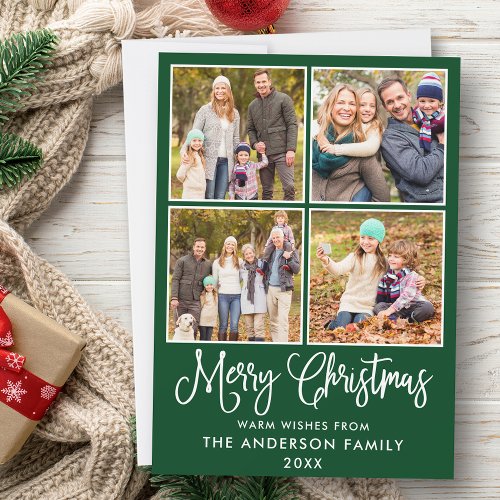 Modern Fun Calligraphy Christmas 4 Photos Green Holiday Card