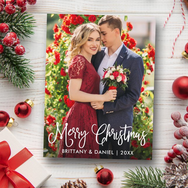 Modern Fun Calligraphy Christmas Couple Photo Postcard (Customize to change your personalized text size or text style.)