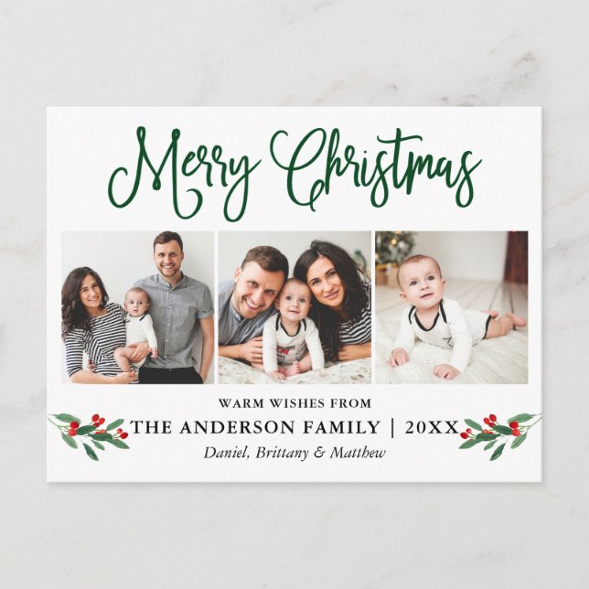 Modern Fun Calligraphy Christmas Holly 3 Photo  Postcard (Front)