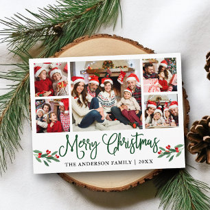 Modern Fun Calligraphy Christmas Holly 5 Photo Postcard