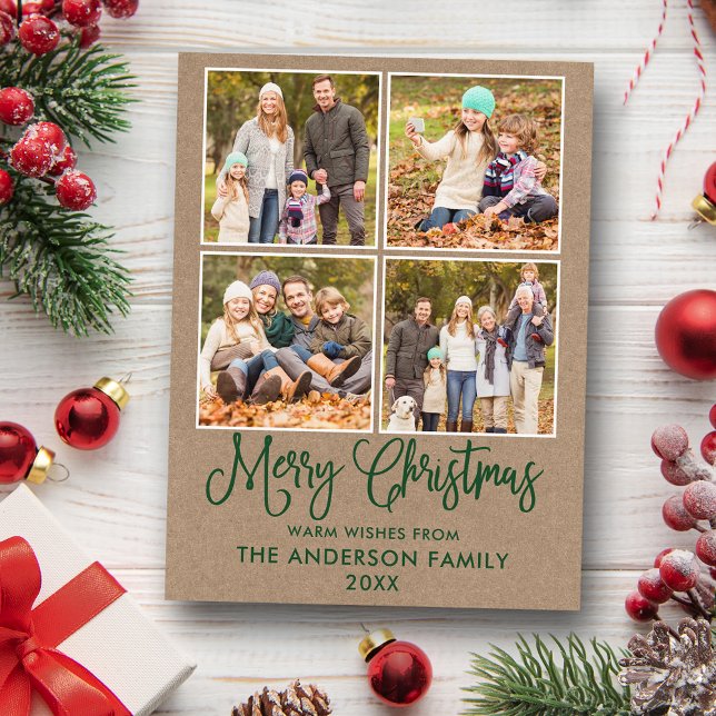 Modern Fun Calligraphy Christmas Kraft 4 Photo Postcard (Customize to change your personalized text size or text style.)