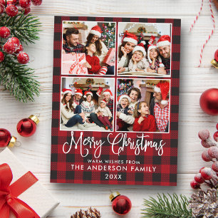 Modern Fun Calligraphy Christmas Plaid 4 Photo Postcard
