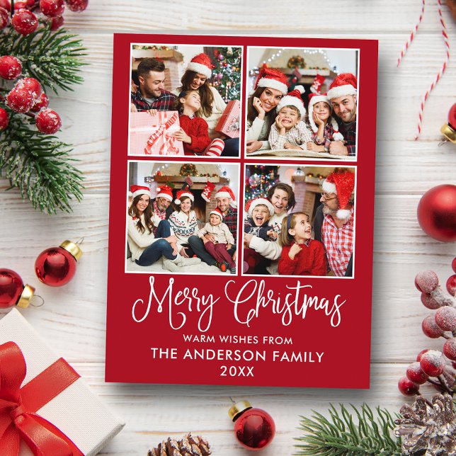 Modern Fun Calligraphy Christmas Red 4 Photo Postcard (Customize to change your personalized text size or text style.)