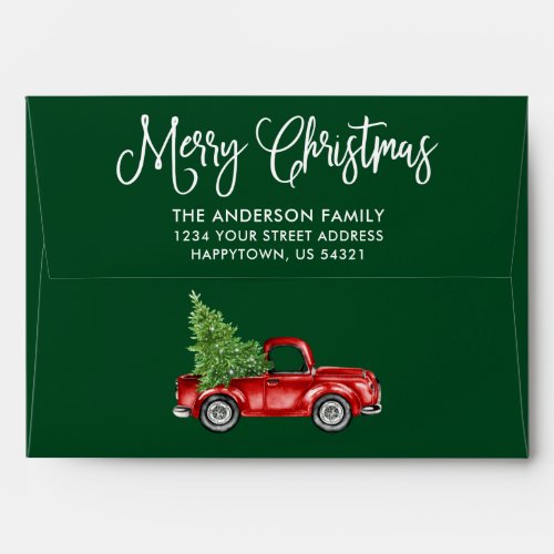 Modern Fun Calligraphy Christmas Truck Green Envelope