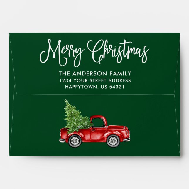 Modern Fun Calligraphy Christmas Truck Green Envelope (Back (Top Flap))
