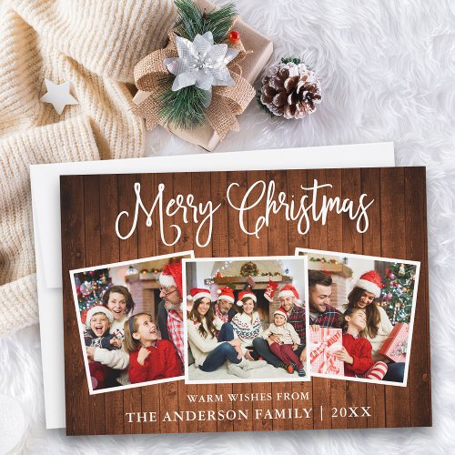 Modern Fun Calligraphy Christmas Wood 3 Photo Holiday Card