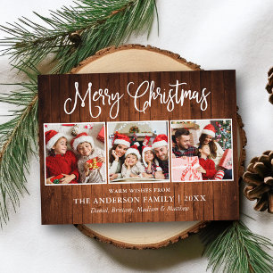 Modern Fun Calligraphy Christmas Wood 3 Photo Postcard