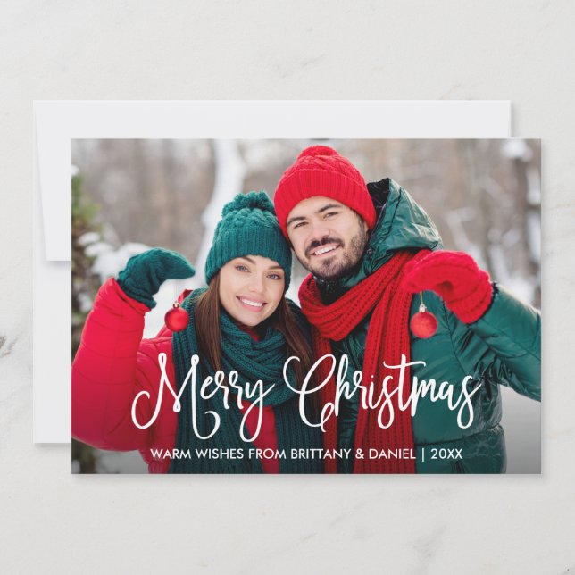 Modern Fun Calligraphy Couple Photo Christmas Holiday Card (Front)