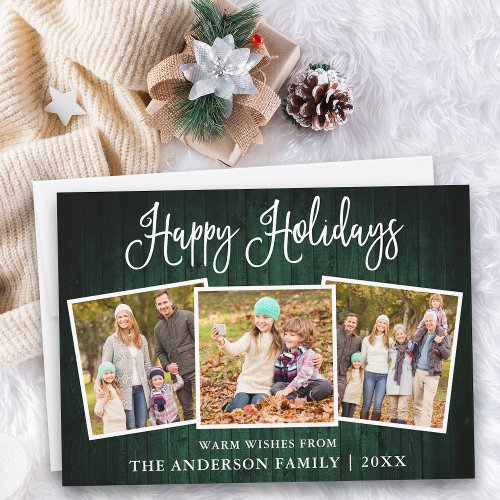 Modern Fun Calligraphy Green Wood 3 Photo Holiday Card