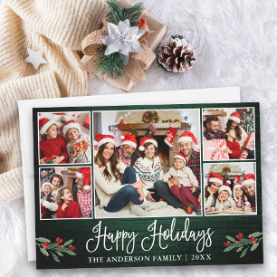 Modern Fun Calligraphy Green Wood 5 Photo Holiday Card