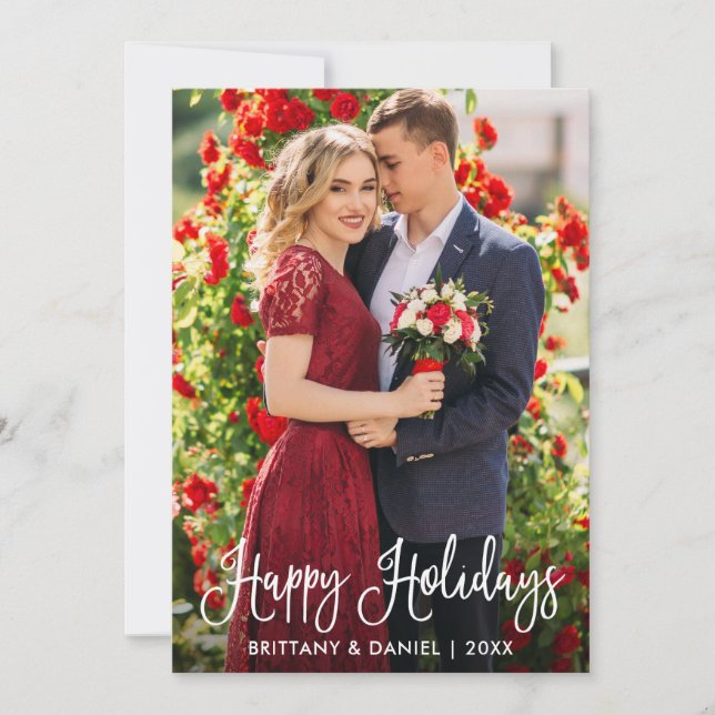 Modern Fun Calligraphy Happy Holidays Couple Photo Holiday Card (Front)