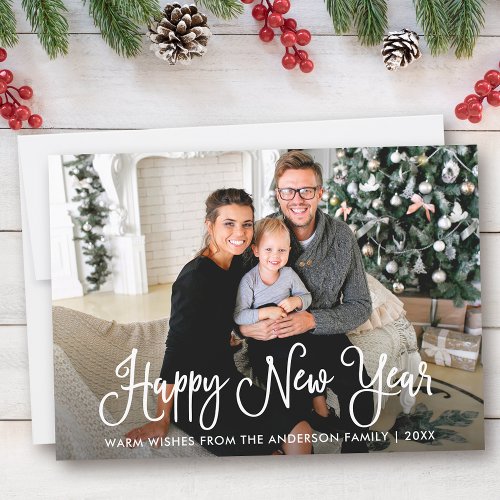Modern Fun Calligraphy Happy New Year Family Photo Holiday Card