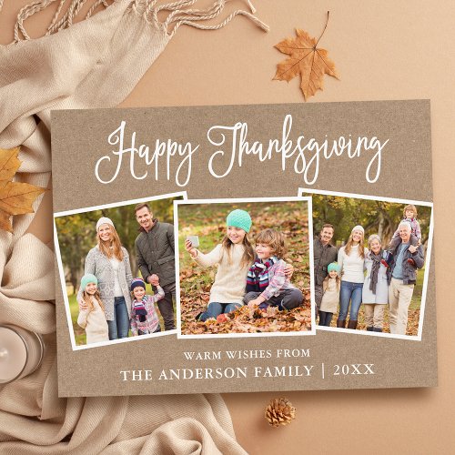 Modern Fun Calligraphy Kraft 3 Photos Thanksgiving Postcard