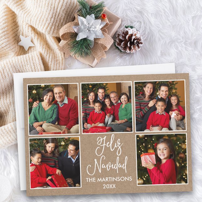 Modern Fun Calligraphy Kraft 5 Photo Feliz Navidad Holiday Card (Customize to add text to back of card.)
