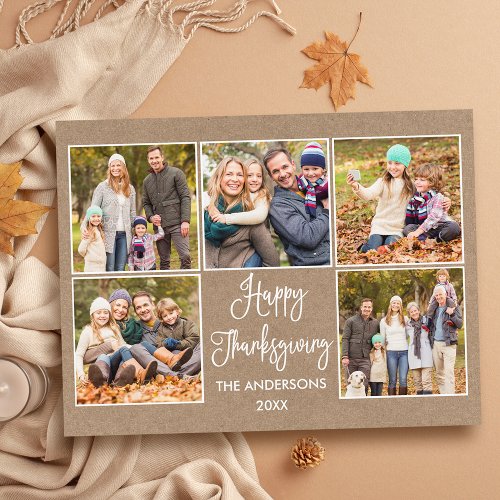 Modern Fun Calligraphy Kraft 5 Photo Thanksgiving Postcard