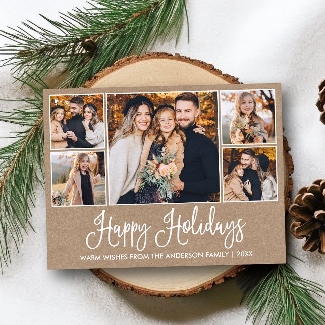 Modern Fun Calligraphy Kraft 5 Photos Holiday Postcard (Customize to change your personalized text size or text style.)