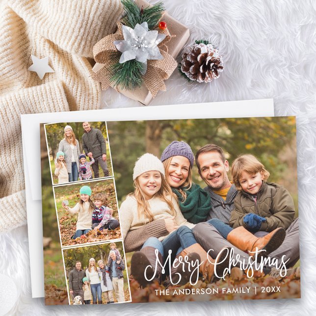 Modern Fun Calligraphy Merry Christmas 4 Photo Holiday Card (Customize to add text to back of card.)