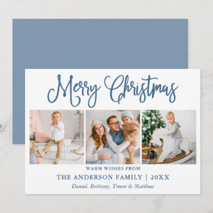 Modern Fun Calligraphy Photo Dusty Blue Christmas Holiday Card