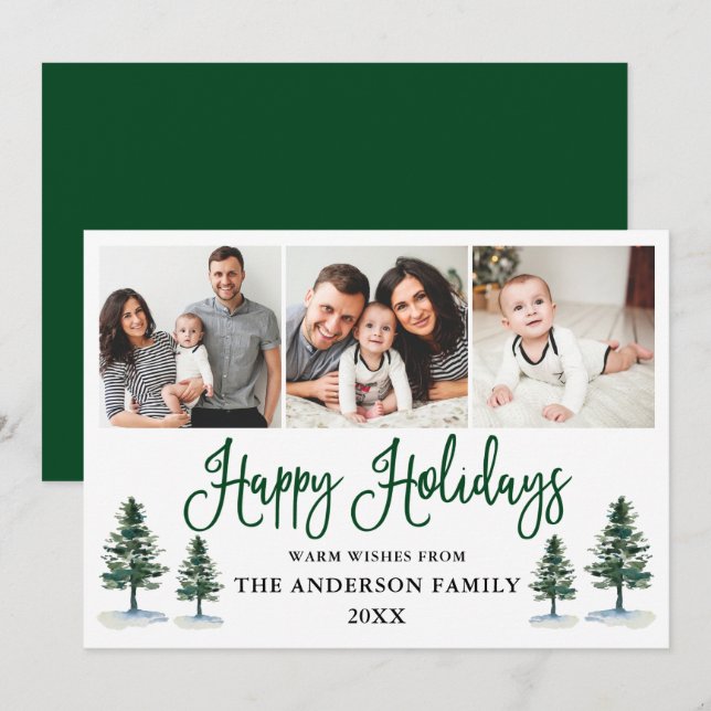 Modern Fun Calligraphy Pines 3 Photo Green Holiday Card (Front/Back)