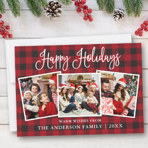 Modern Fun Calligraphy Plaid 3 Photo Holiday Card