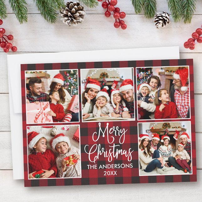 Modern Fun Calligraphy Plaid 5 Photo Christmas Holiday Card (Customize to add text to back of card.)