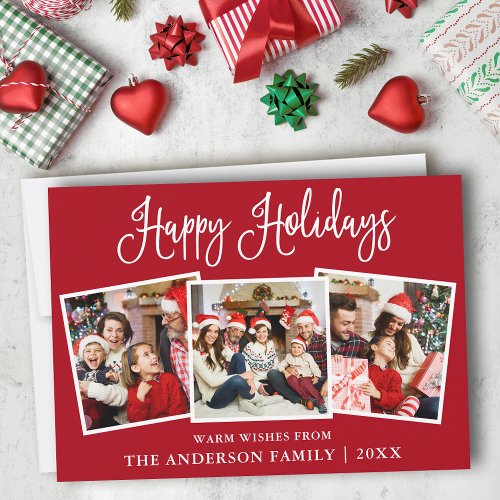 Modern Fun Calligraphy Red 3 Photo Holiday Card
