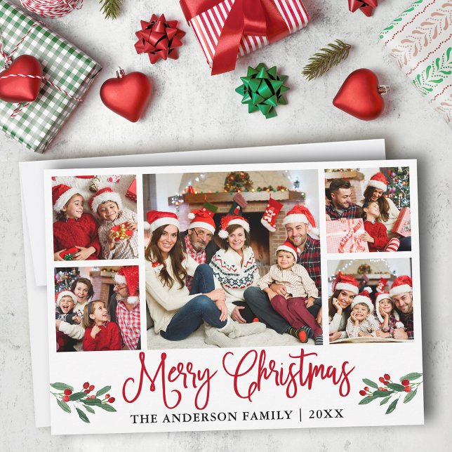 Modern Fun Calligraphy Red 5 Photo Christmas Holiday Card (Customize to add text to back of card.)