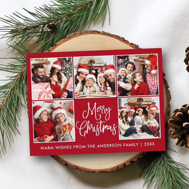 Modern Fun Calligraphy Red 5 Photo Christmas Postcard (Customize to change your personalized text size or text style.)