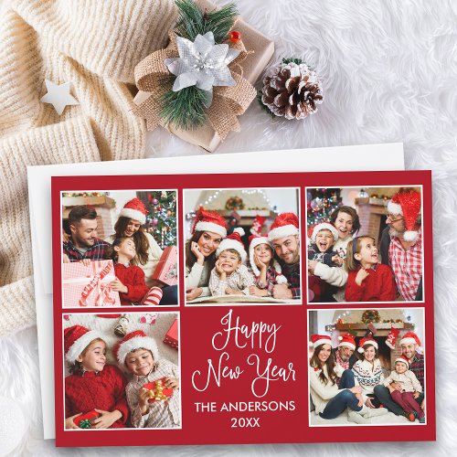 Modern Fun Calligraphy Red 5 Photo New Year Holiday Card