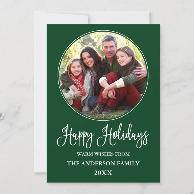 Modern Fun Calligraphy Round Photo Frame Green Holiday Card (Front)