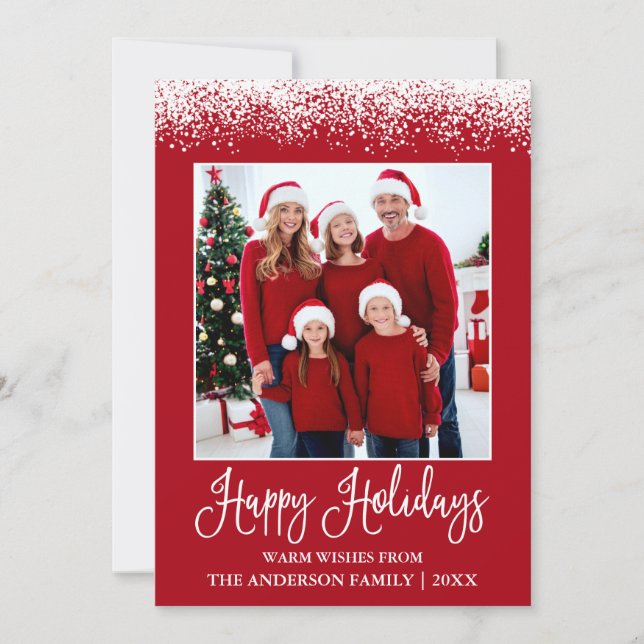 Modern Fun Calligraphy Snow Topped Photo Red Holiday Card (Front)
