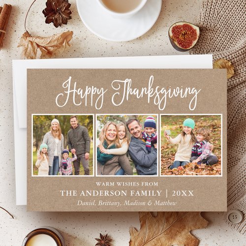 Modern Fun Calligraphy Thanksgiving 3 Photo Kraft Holiday Card