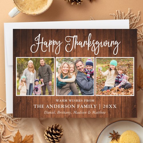 Modern Fun Calligraphy Thanksgiving 3 Photo Wood Holiday Card