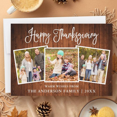 Modern Fun Calligraphy Thanksgiving Wood 3 Photo Holiday Card