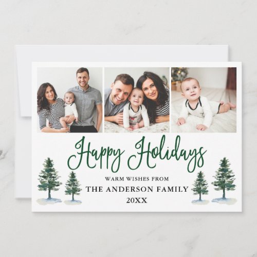 Modern Fun Calligraphy Watercolor Pines 3 Photo Holiday Card