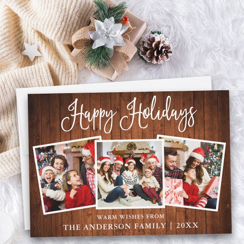 Modern Fun Calligraphy Wood 3 Photo Holiday Card