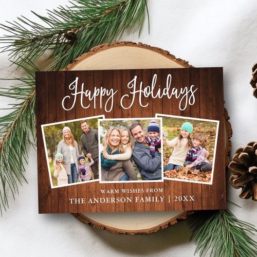 Modern Fun Calligraphy Wood 3 Photo Holiday Postcard