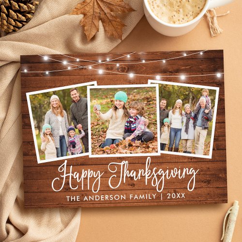 Modern Fun Calligraphy Wood 3 Photo Thanksgiving Postcard