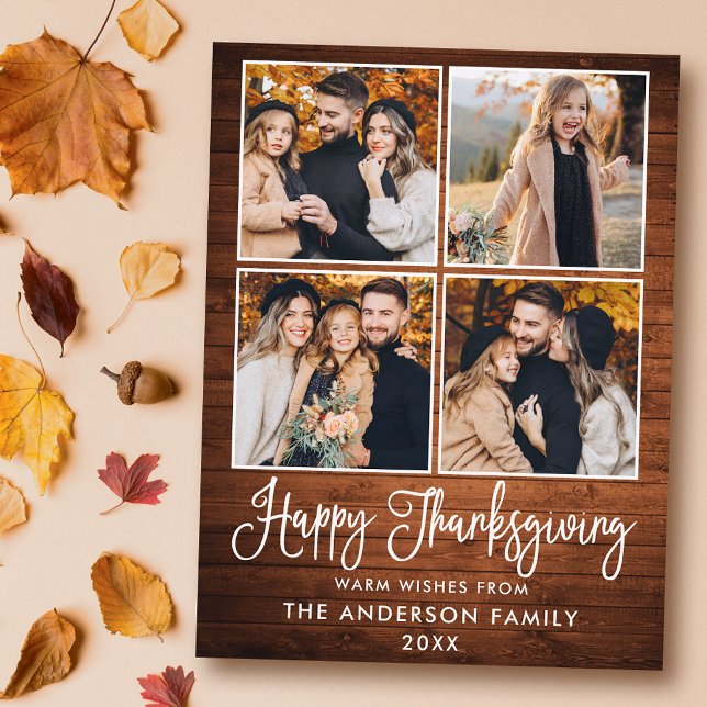 Modern Fun Calligraphy Wood 4 Photo Thanksgiving Holiday Postcard (Customize to change your personalized text size or text style.)